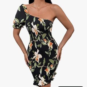 Chic Black Floral One-Shoulder Smocked Dress